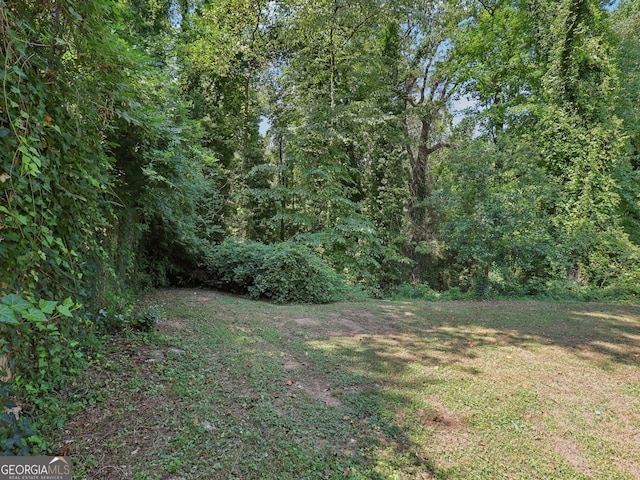 view of yard featuring a forest view