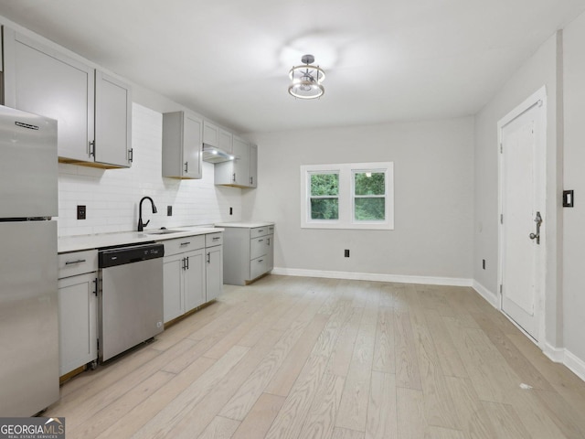 kitchen featuring a sink, light wood-style floors, stainless steel appliances, gray cabinets, and backsplash