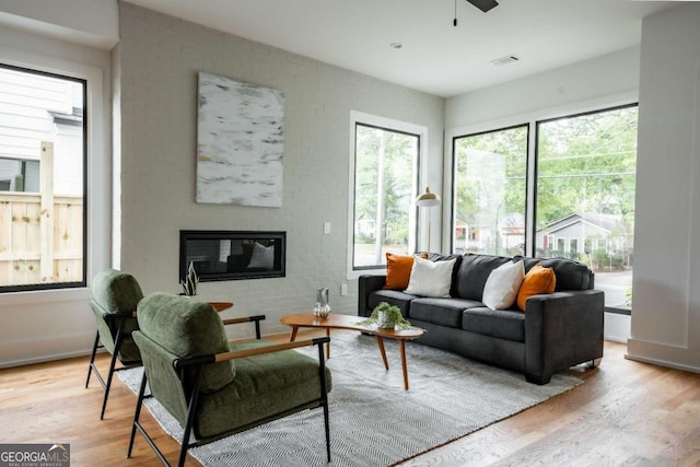 living room with ceiling fan and light hardwood / wood-style flooring