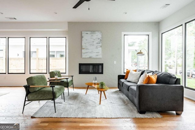 living room with ceiling fan and light hardwood / wood-style flooring