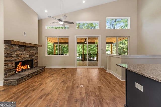 unfurnished living room featuring a healthy amount of sunlight, a stone fireplace, and wood finished floors