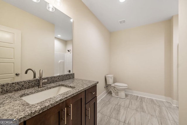 full bath with toilet, visible vents, baseboards, marble finish floor, and walk in shower