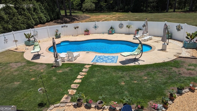 view of pool featuring a fenced in pool, a fenced backyard, a patio, and a lawn