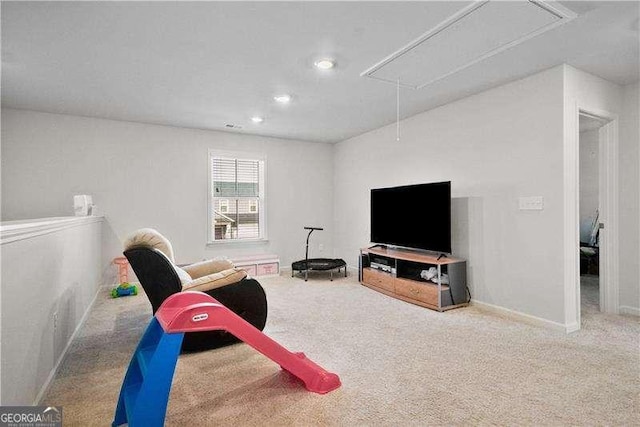 rec room with attic access, recessed lighting, carpet flooring, and baseboards