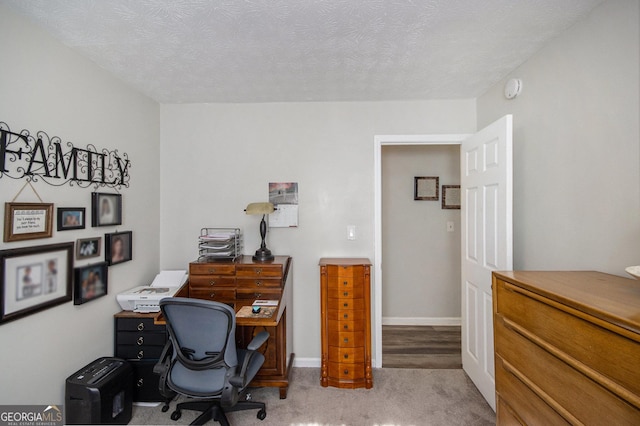 office with light colored carpet and a textured ceiling