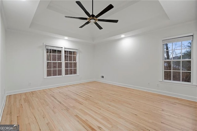 empty room featuring crown molding, a raised ceiling, and light wood-type flooring