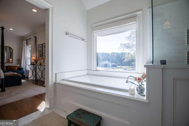 bathroom with hardwood / wood-style floors and ornamental molding