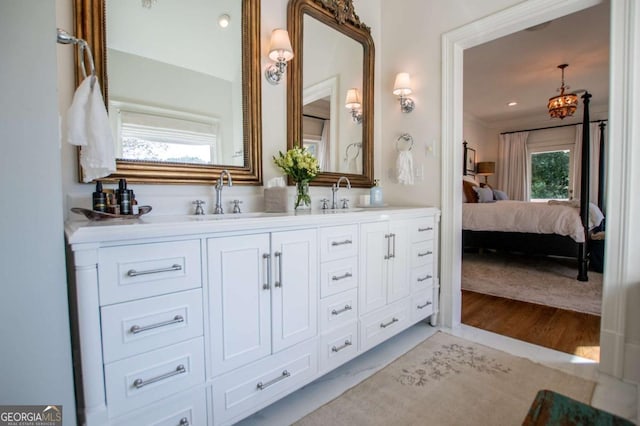 bathroom with vanity, a wealth of natural light, and hardwood / wood-style floors