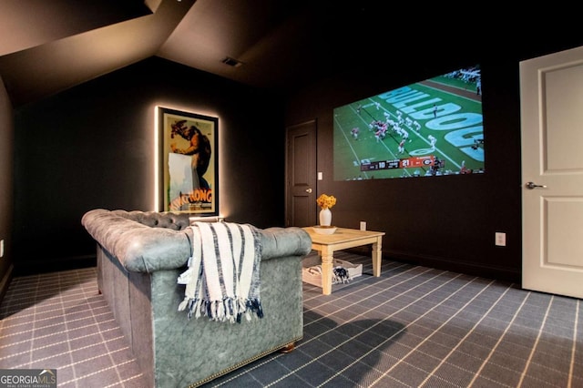 105 Fuller Dr, Carrollton, GA 30117 - home theater room featuring carpet floors and vaulted ceiling