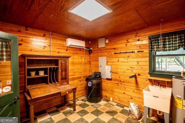 misc room with wooden ceiling, an AC wall unit, sink, wood walls, and electric water heater