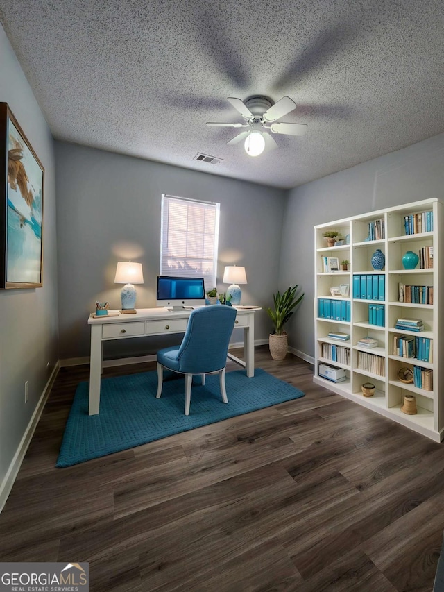 office space featuring a textured ceiling, ceiling fan, and dark hardwood / wood-style flooring