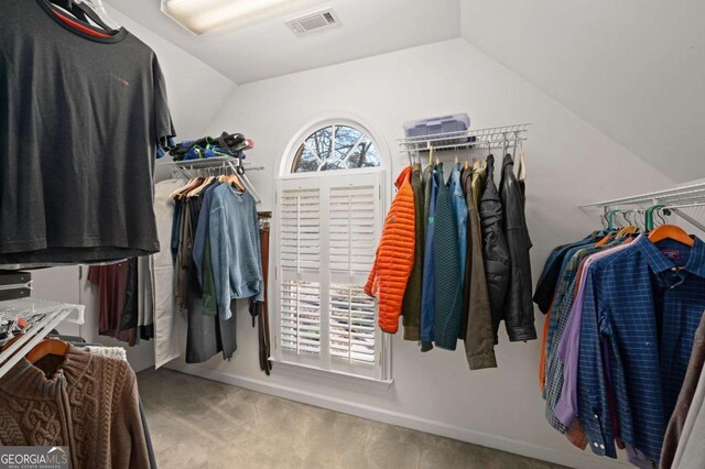 spacious closet featuring carpet flooring and vaulted ceiling