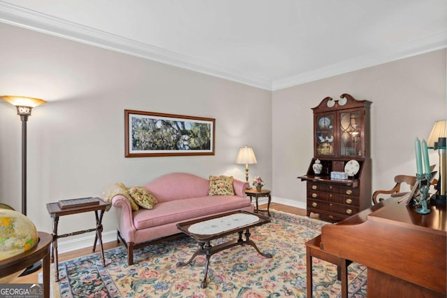 living room featuring ornamental molding and wood-type flooring