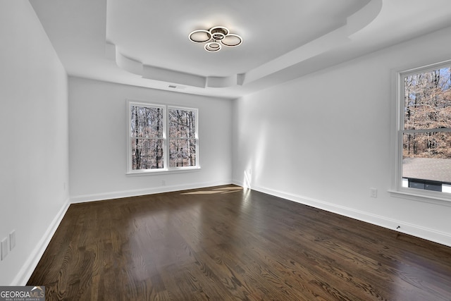 empty room with dark hardwood / wood-style flooring and a raised ceiling