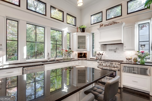 kitchen featuring sink, appliances with stainless steel finishes, dark stone counters, decorative backsplash, and white cabinets