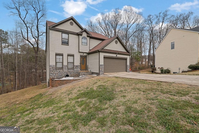 front facade featuring a garage and a front yard