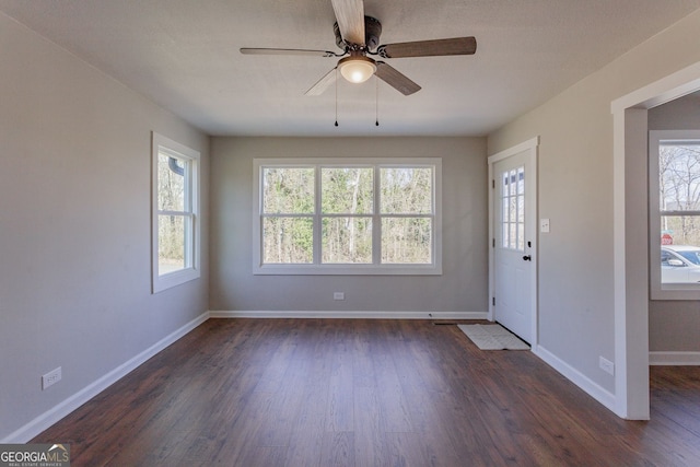 entryway with ceiling fan, a wealth of natural light, and dark wood-type flooring