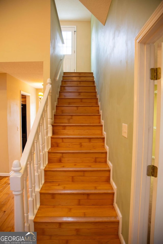 stairs with hardwood / wood-style floors