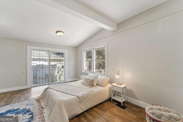 bedroom with access to exterior, multiple windows, dark hardwood / wood-style floors, and lofted ceiling with beams