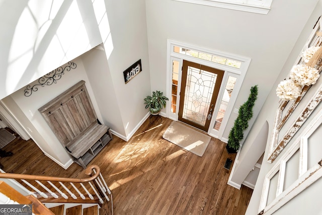 entrance foyer with a towering ceiling and dark hardwood / wood-style floors