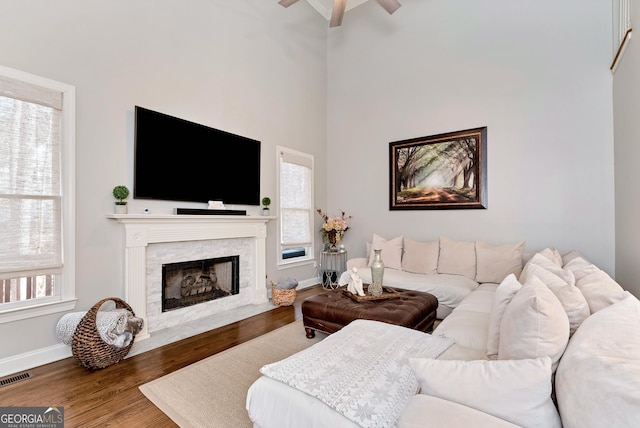 living room with hardwood / wood-style flooring, a high ceiling, and a wealth of natural light