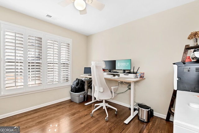 office space featuring hardwood / wood-style flooring and ceiling fan