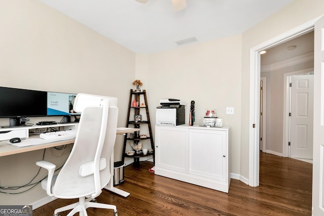 office with dark hardwood / wood-style flooring