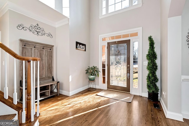 entrance foyer with hardwood / wood-style flooring, ornamental molding, and a high ceiling