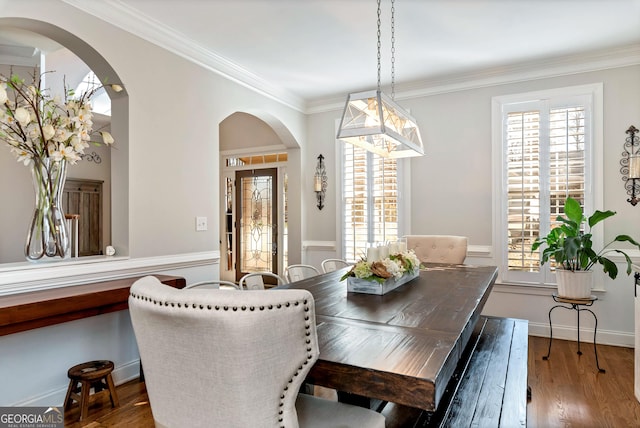 dining area with hardwood / wood-style floors, crown molding, and a healthy amount of sunlight