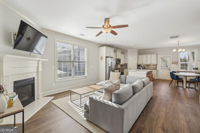 living room with plenty of natural light, sink, dark wood-type flooring, and a fireplace