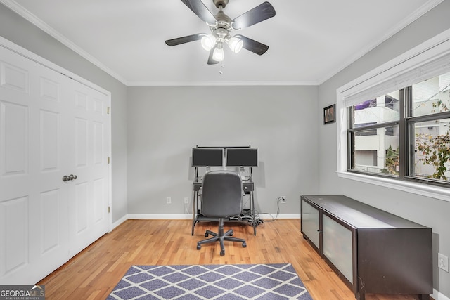 office area with ceiling fan, crown molding, and light hardwood / wood-style floors