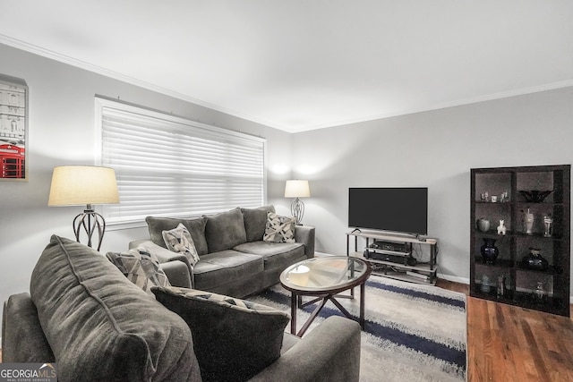 living room with hardwood / wood-style flooring and crown molding