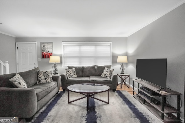 living room with hardwood / wood-style floors and ornamental molding