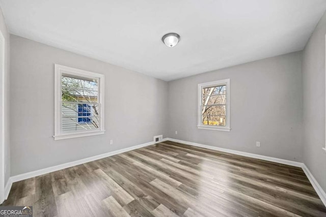 spare room with a wealth of natural light and wood-type flooring