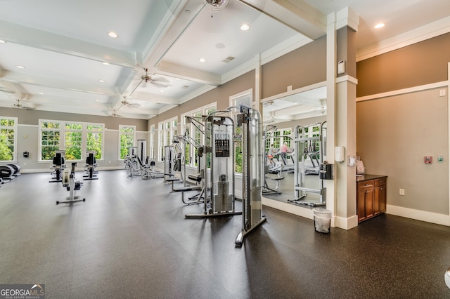 gym with ceiling fan and coffered ceiling