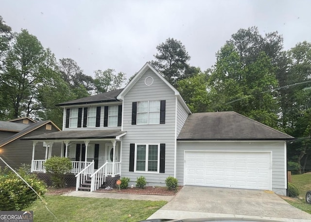 colonial home featuring a porch, a garage, and a front lawn