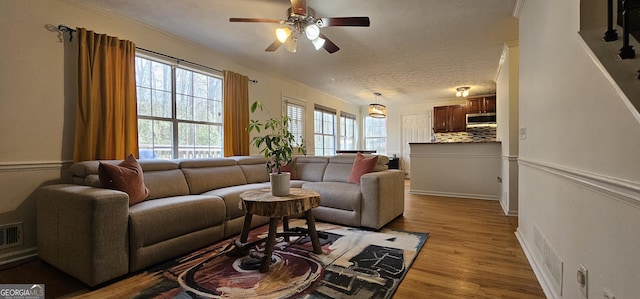 living room featuring ceiling fan, a textured ceiling, and light wood-type flooring