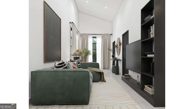 living room with high vaulted ceiling