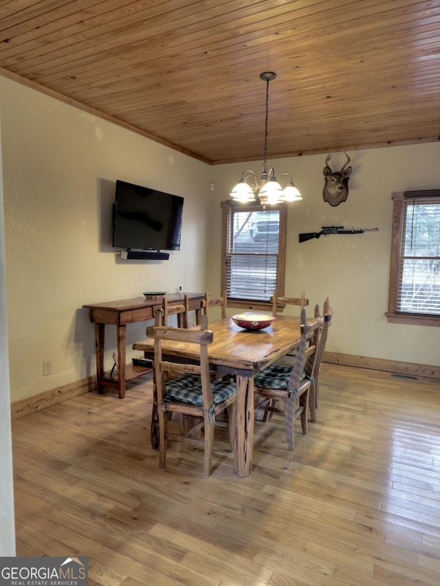 dining room with wooden ceiling, ornamental molding, a notable chandelier, and light wood-type flooring