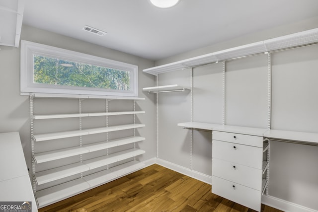 spacious closet with dark hardwood / wood-style flooring