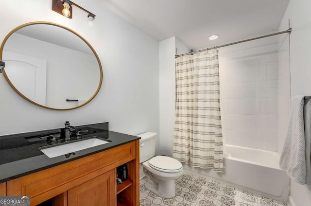 full bathroom with vanity, toilet, tile patterned floors, and shower / tub combo with curtain