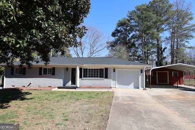 ranch-style house featuring a garage, brick siding, concrete driveway, crawl space, and a front lawn