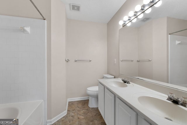 full bath featuring a textured ceiling, toilet, a sink, and visible vents