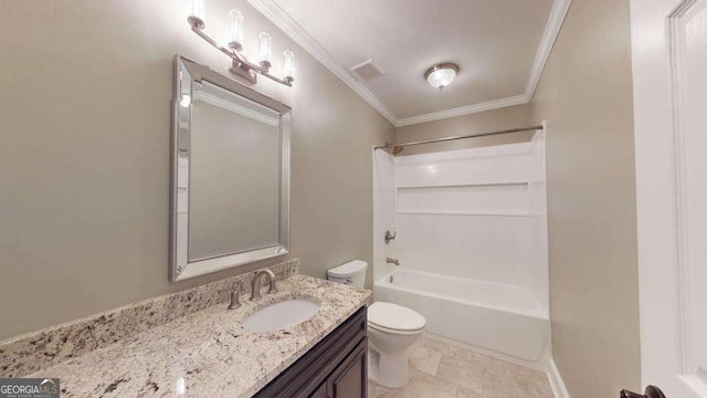 full bathroom featuring toilet, vanity, bathtub / shower combination, and ornamental molding