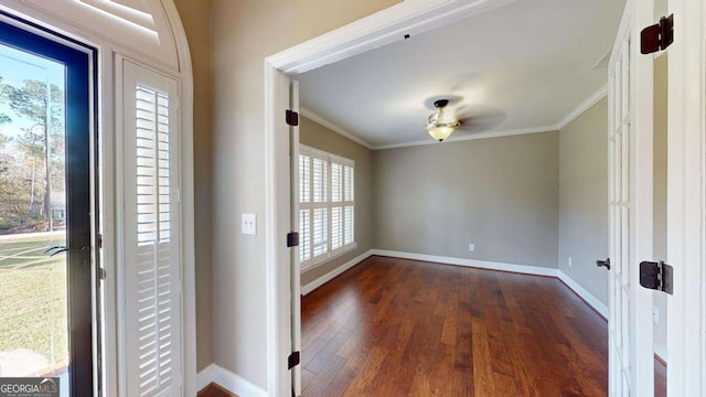 entrance foyer featuring dark wood-type flooring and ornamental molding