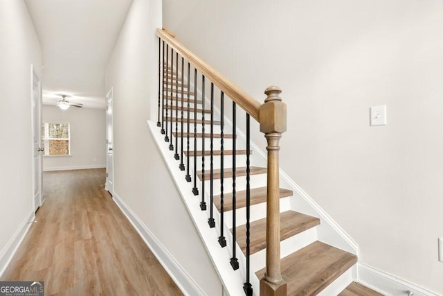 stairs with hardwood / wood-style flooring and ceiling fan