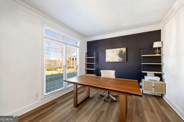 office with hardwood / wood-style floors and crown molding