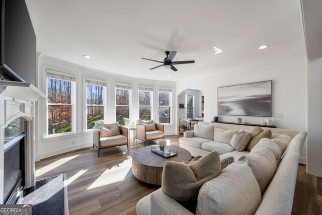 living room with hardwood / wood-style flooring, a high end fireplace, and ceiling fan