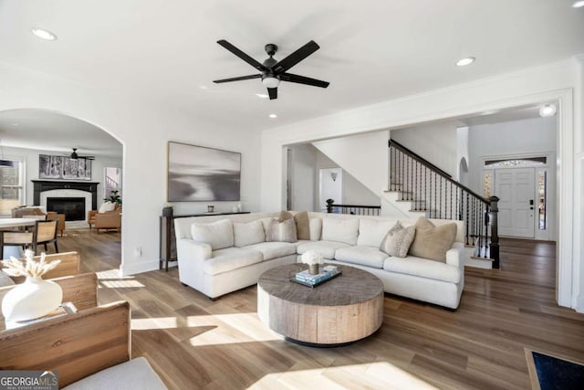 living room with ceiling fan and wood-type flooring