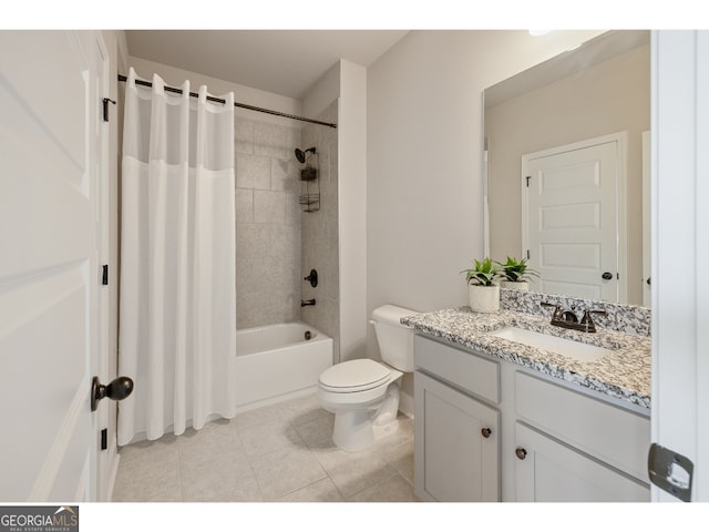 full bathroom featuring toilet, shower / bath combination with curtain, tile patterned flooring, and vanity